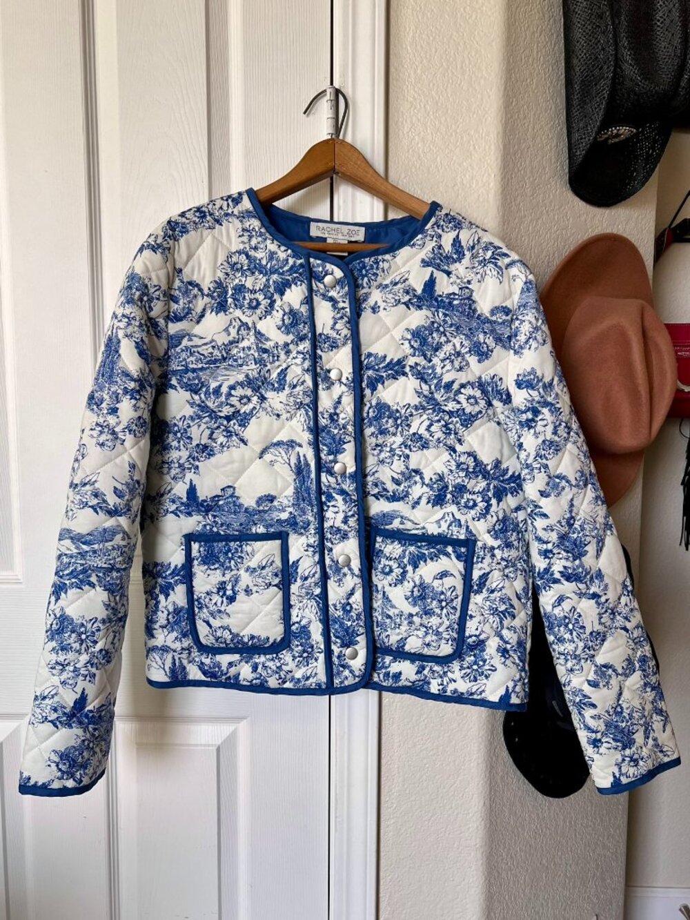 Rachel Zoe Blue & White Toile Quilted Jacket (Size L)